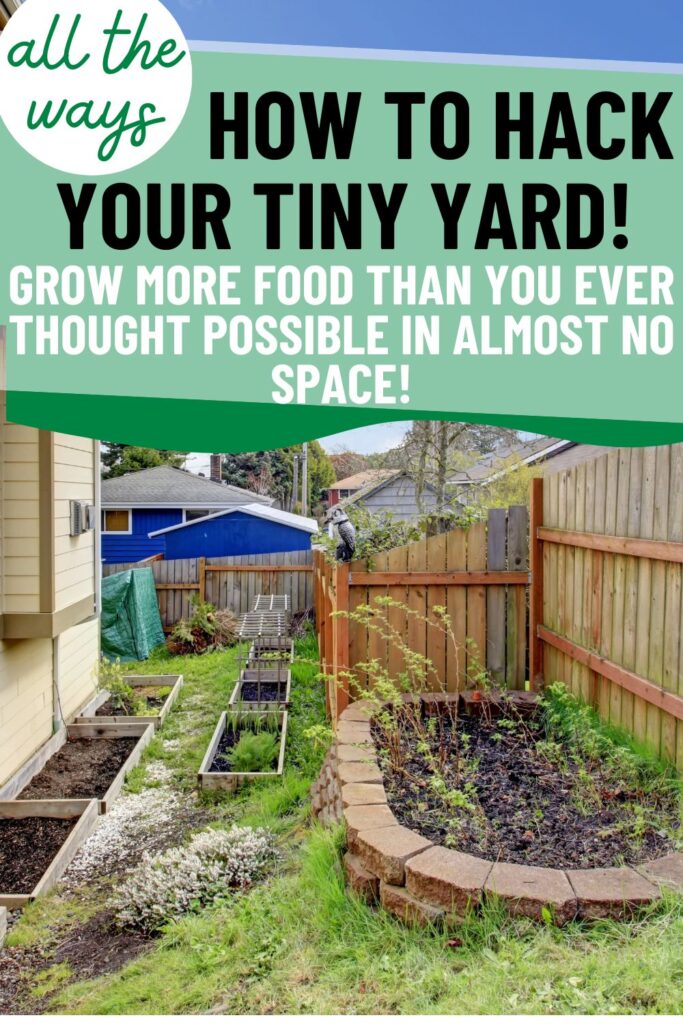raised beds in small backyard. Text overlay reads "all the ways:  How to hack your tiny yard! Grow more food than you ever thought possible in almost no space!"